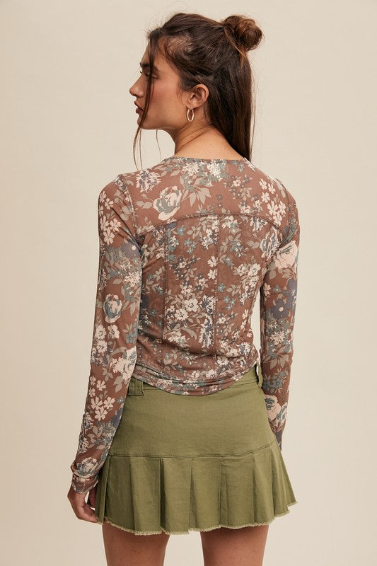 Floral Print Mesh Fitted Long Sleeve Top - Brown image 4