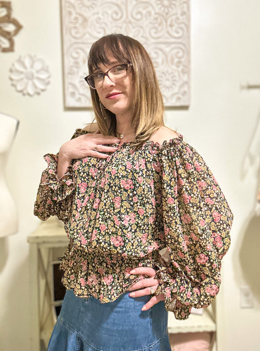 Off the Shoulder Chiffon Floral Top - Black image 1