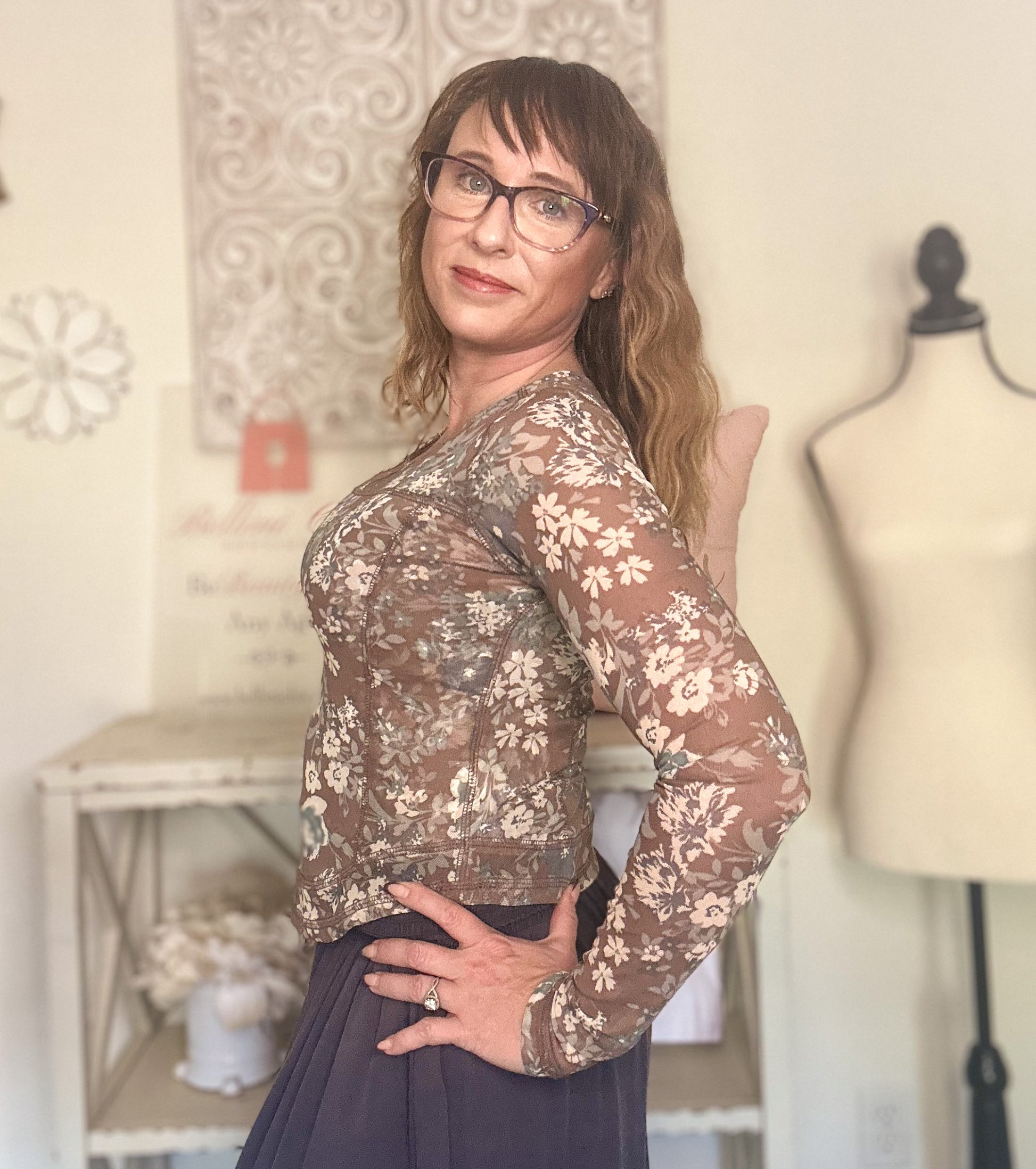 Floral Print Mesh Fitted Long Sleeve Top - Brown image 2