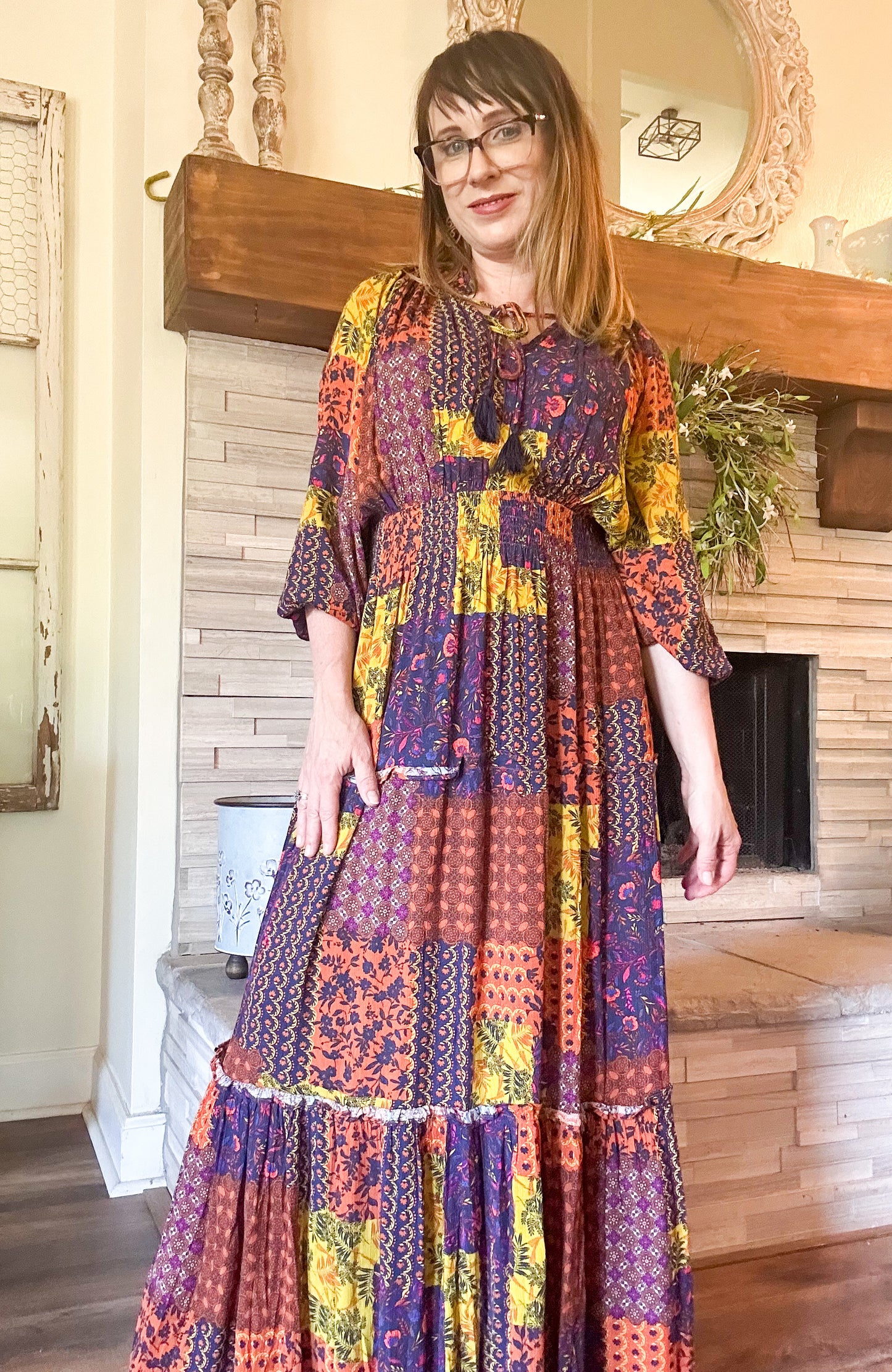 Multi-Color Patch Print Ruffle Maxi Dress