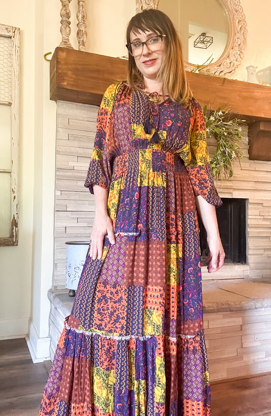 Multi-Color Patch Print Ruffle Maxi Dress