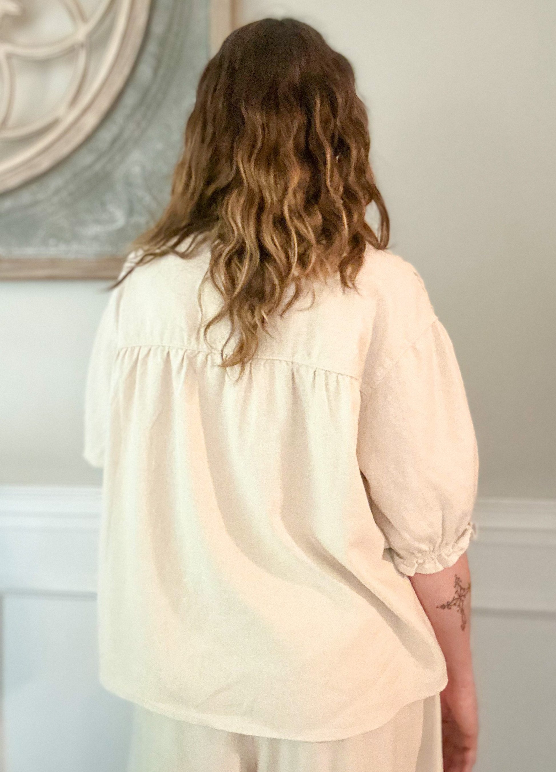 Short Ruffle Sleeve Button Down Top - Oatmeal image 4