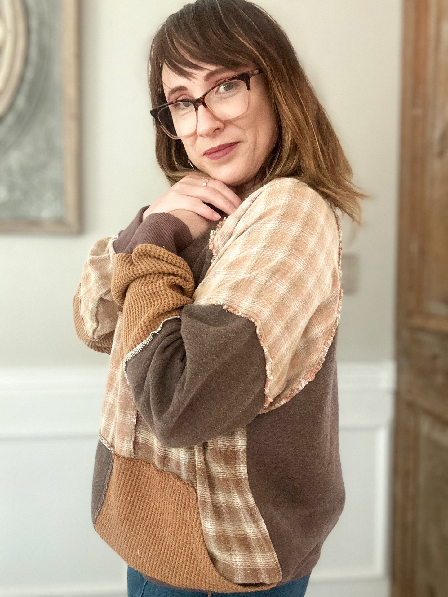Plaid Patch Waffle Knit Sweatshirt - Mocha