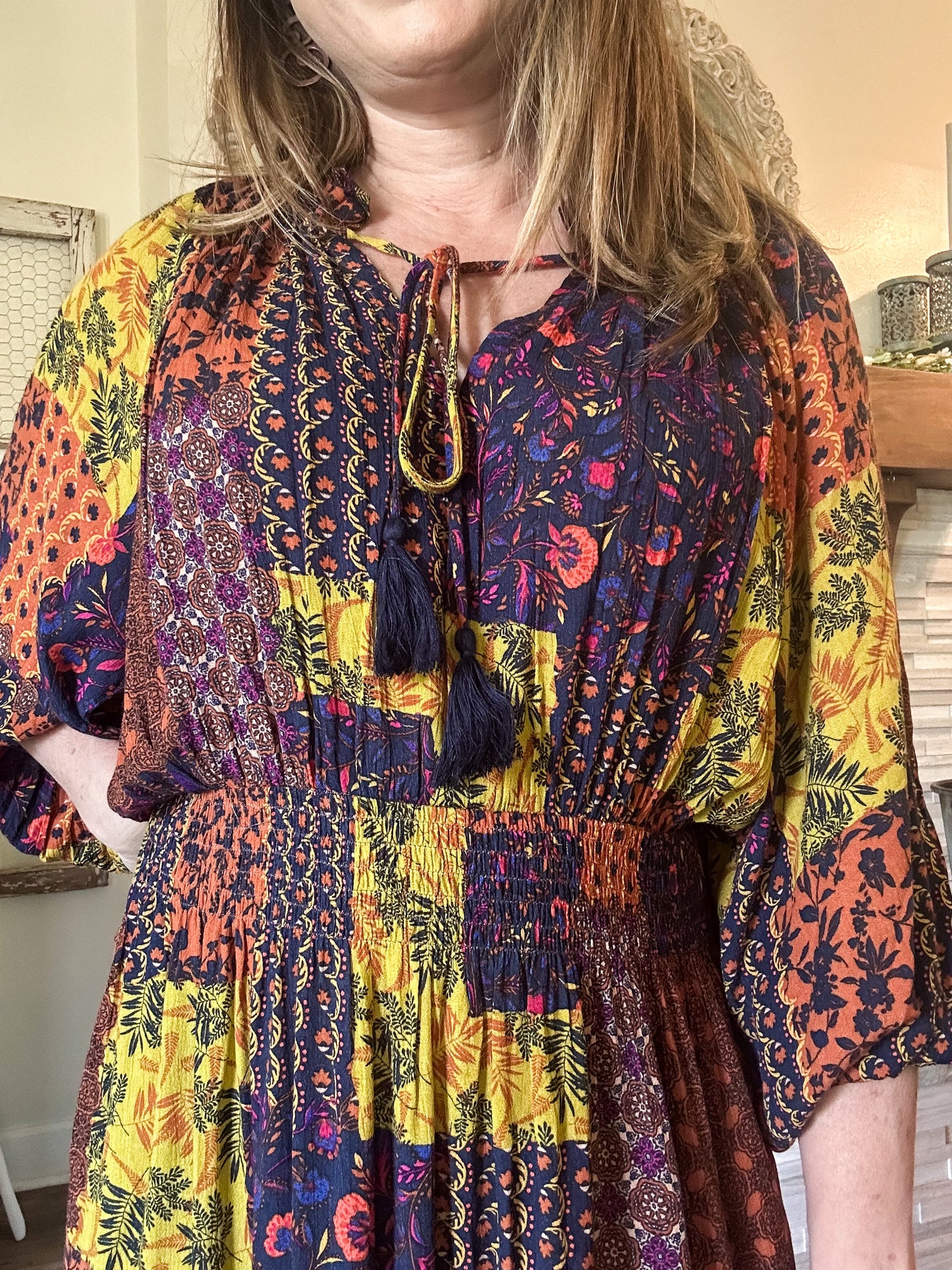 Multi-Color Patch Print Ruffle Maxi Dress