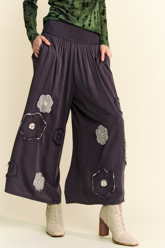 Garment Washed Floral Patch Wide Pants - Charcoal image 2
