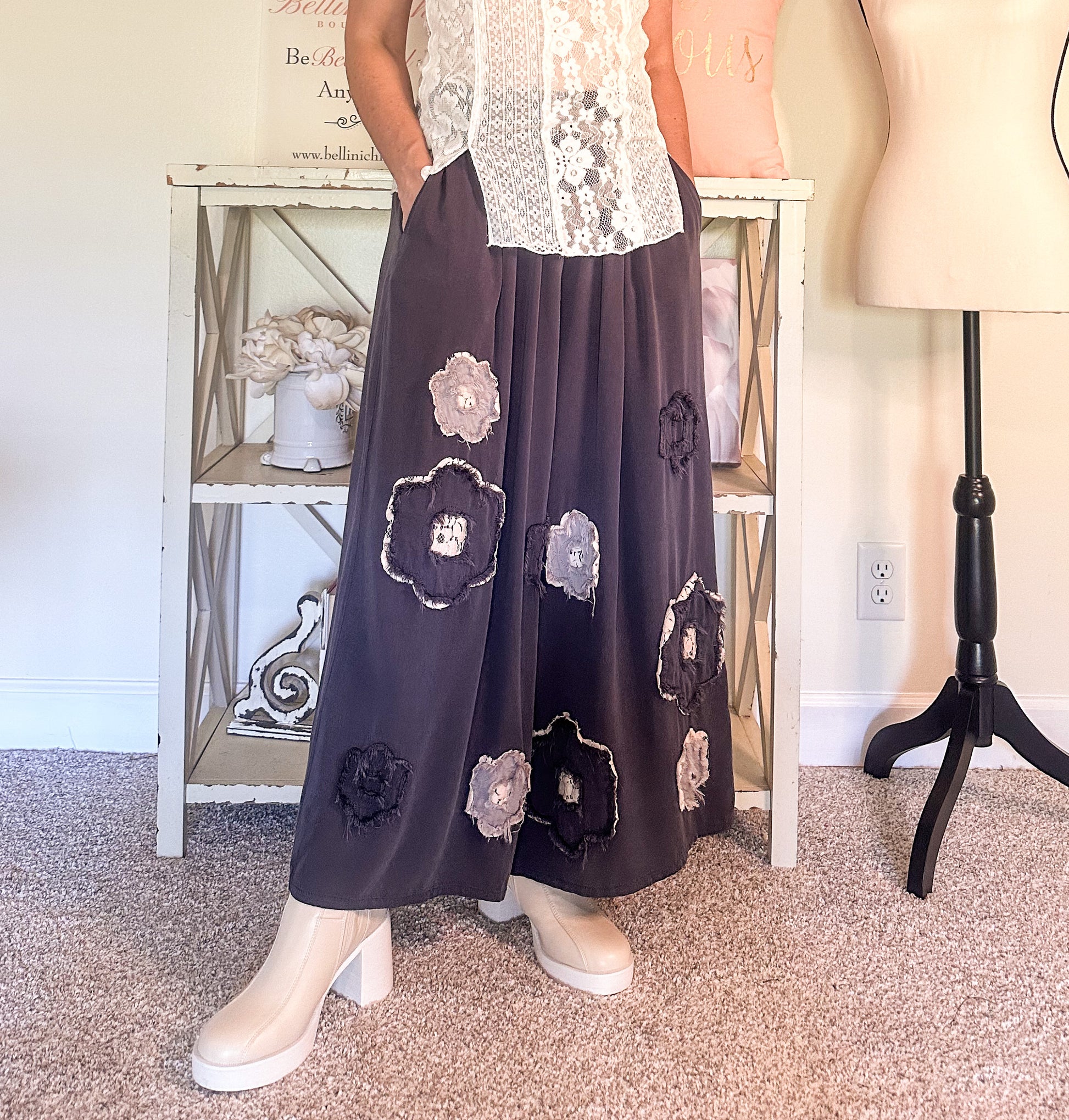 Garment Washed Floral Patch Wide Pants - Charcoal image 0