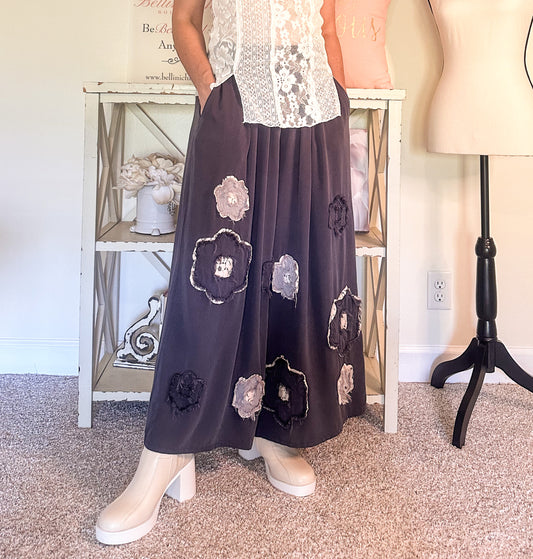 Garment Washed Floral Patch Wide Pants - Charcoal image 0