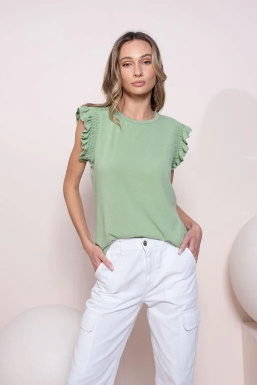 Ruffle Short Sleeve Relaxed Fit Top - Sage image 0