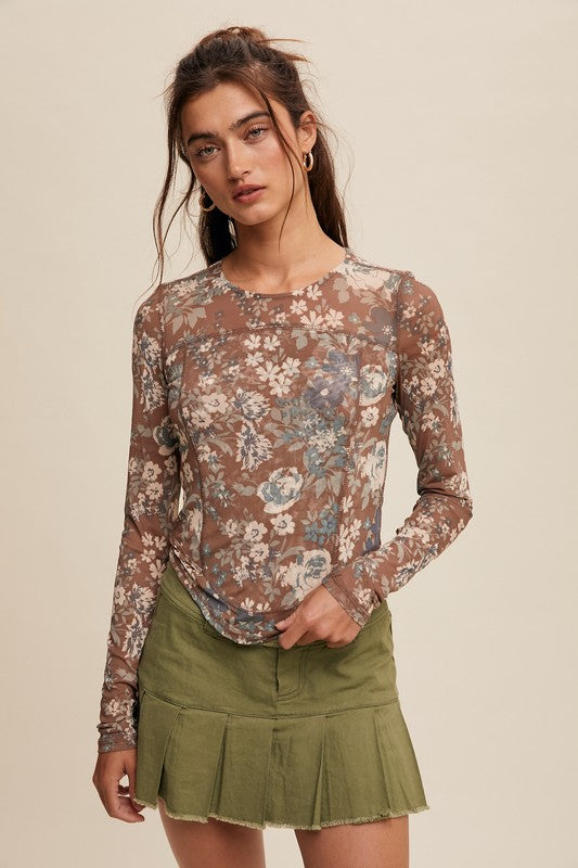 Floral Print Mesh Fitted Long Sleeve Top - Brown image 3