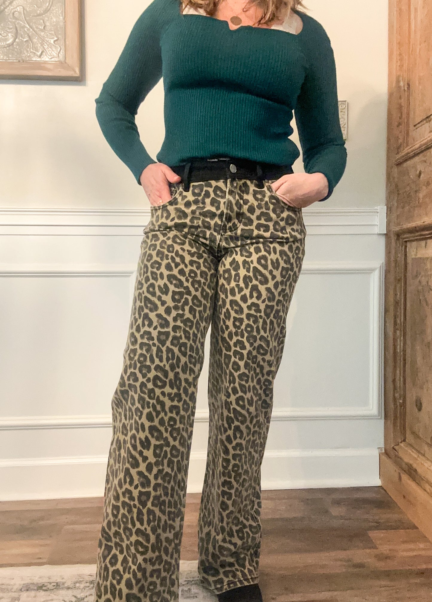 Risen High Rise Wide Leg Leopard Jeans