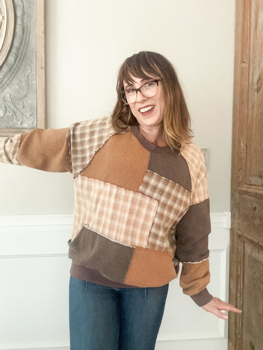 Plaid Patch Waffle Knit Sweatshirt - Mocha