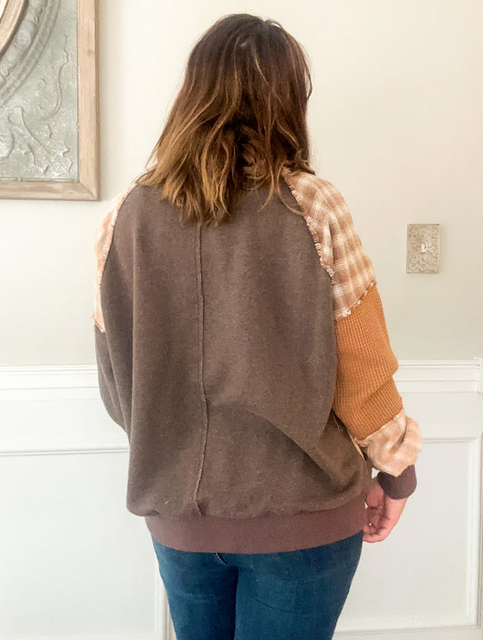 Plaid Patch Waffle Knit Sweatshirt - Mocha
