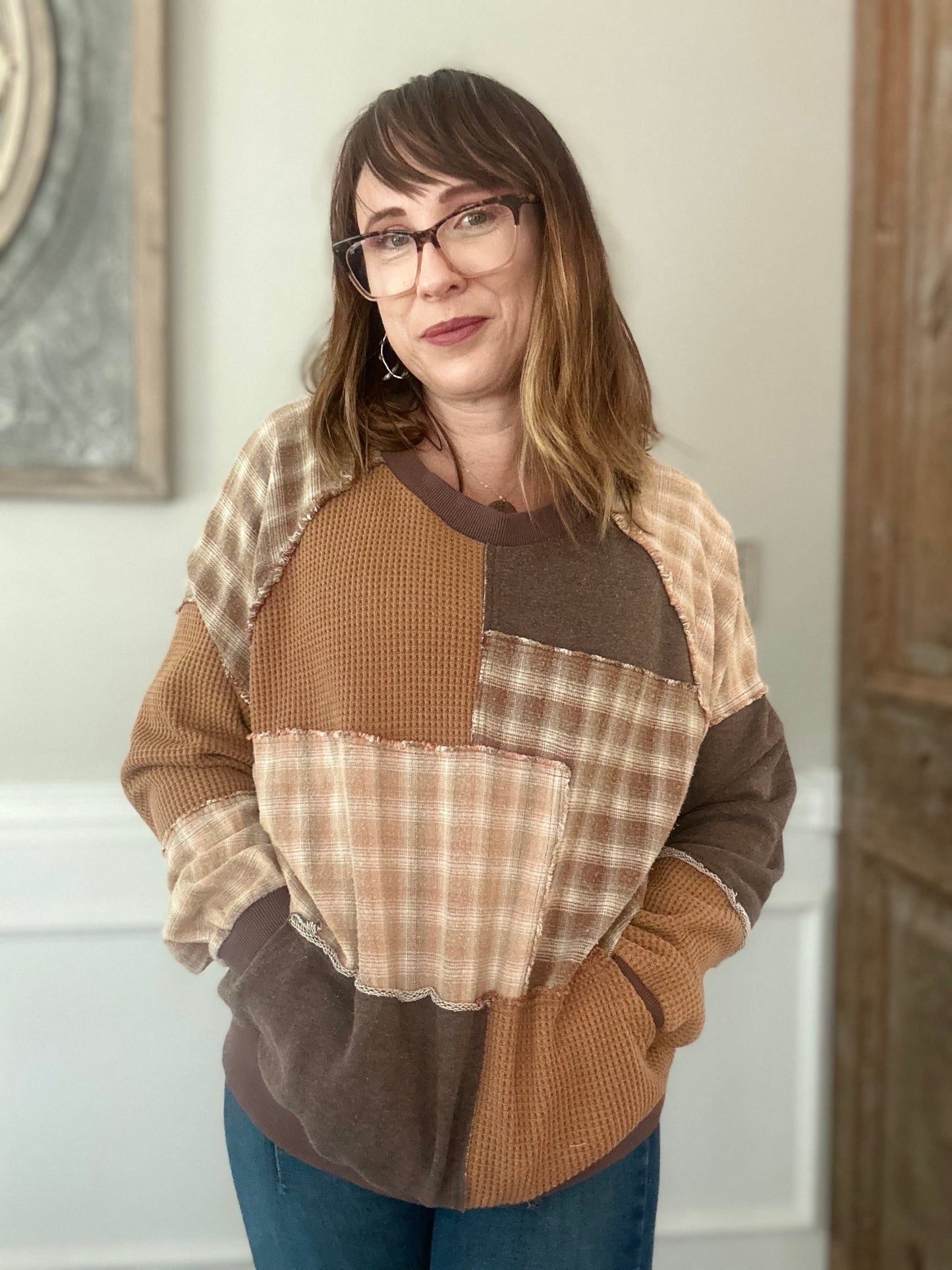 Plaid Patch Waffle Knit Sweatshirt - Mocha