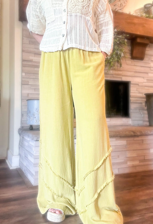Crepe Ruffle Trim Palazzo Pants -Green Tea image 0