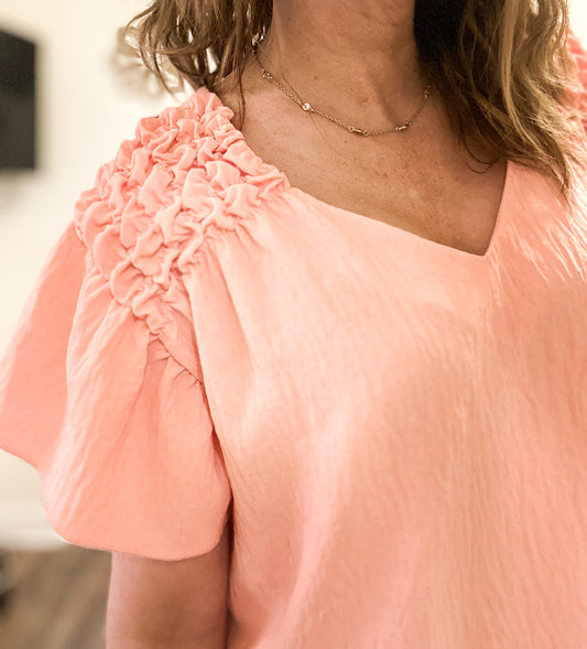 Ruffle Sleeve V-Neck Woven Top - Peach image 1