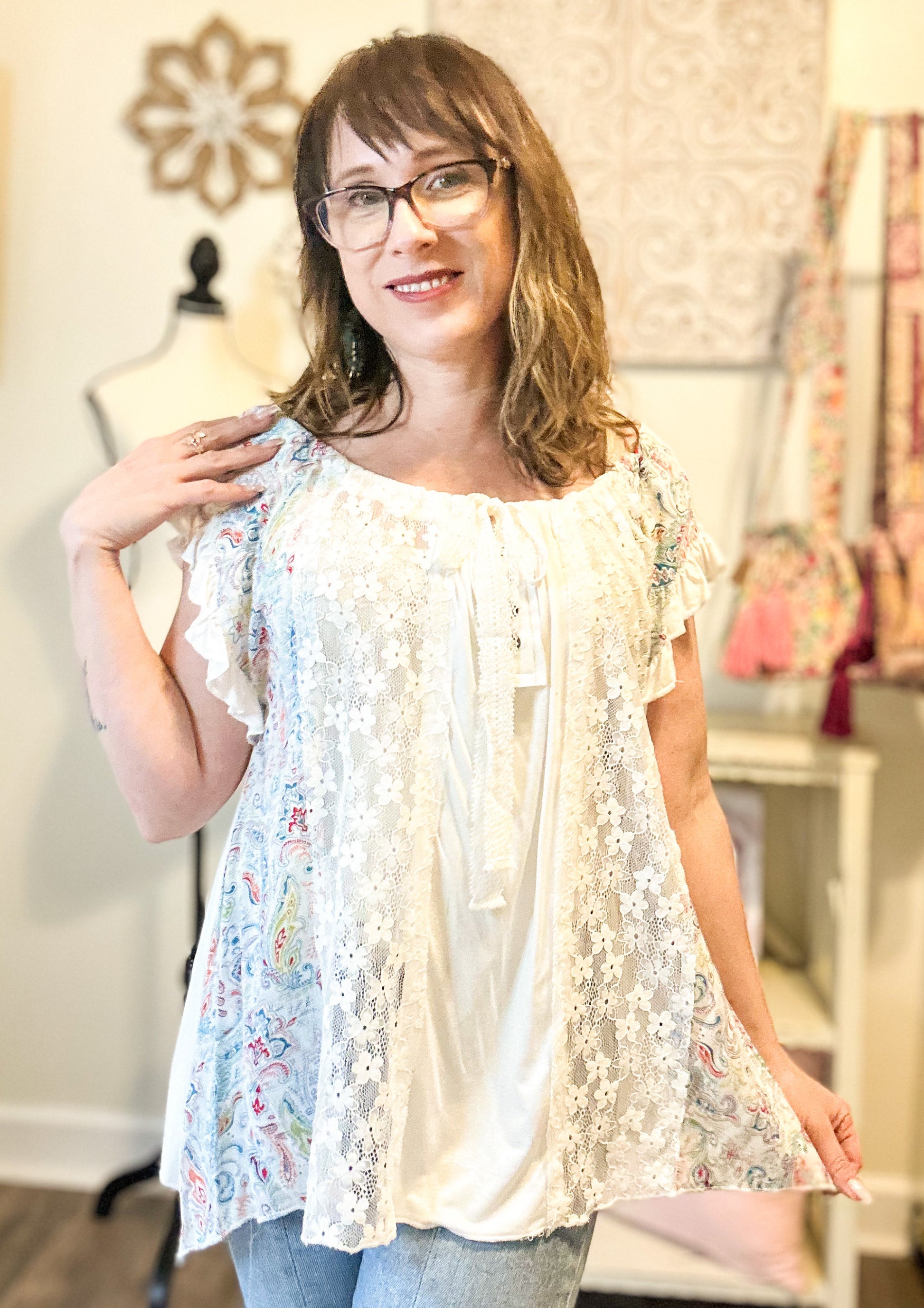 POL Lace and Floral Knit Top - Ivory image 0