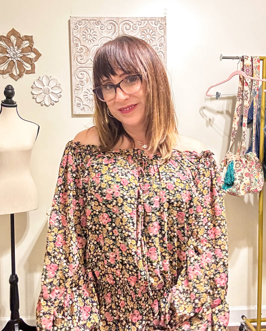 Off the Shoulder Chiffon Floral Top - Black image 0