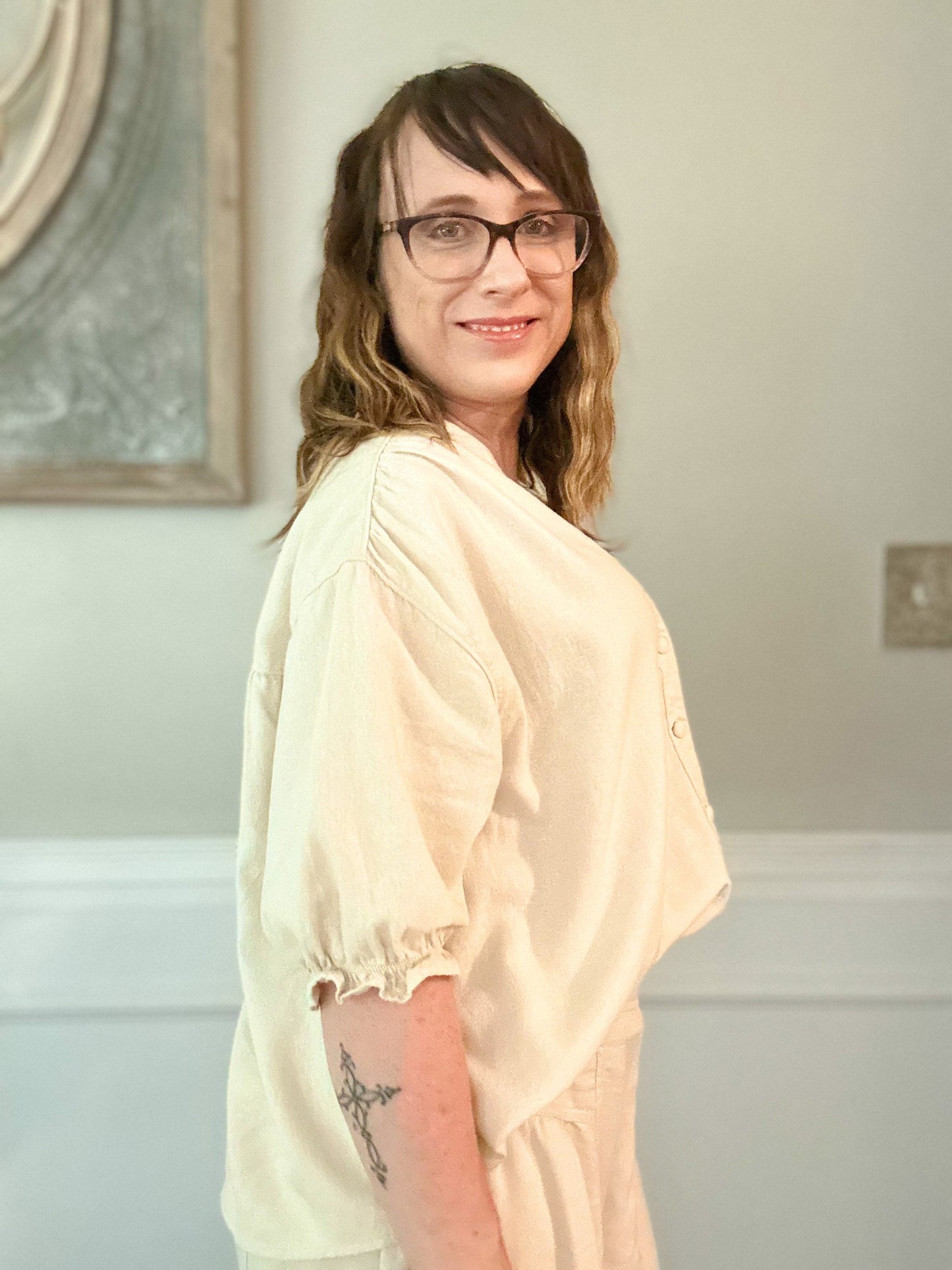 Short Ruffle Sleeve Button Down Top - Oatmeal image 2