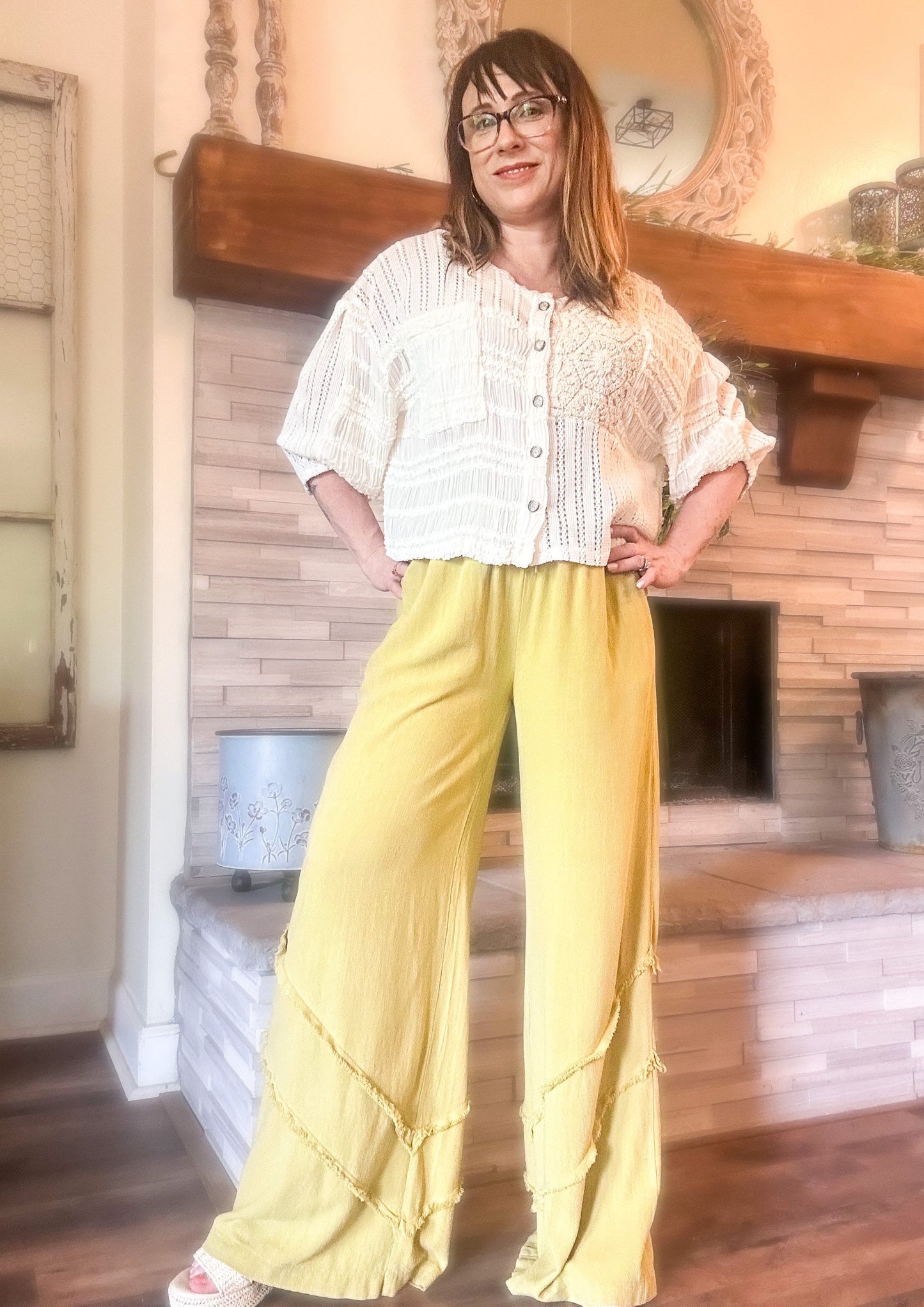 Crepe Ruffle Trim Palazzo Pants -Green Tea image 4
