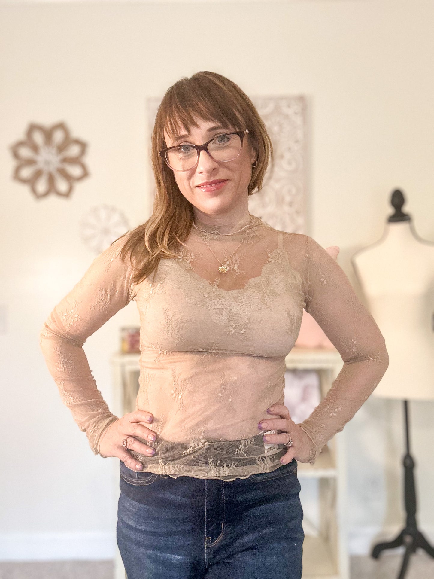 Floral Embroidery Lace Sheer Mesh Top - Nude image 0