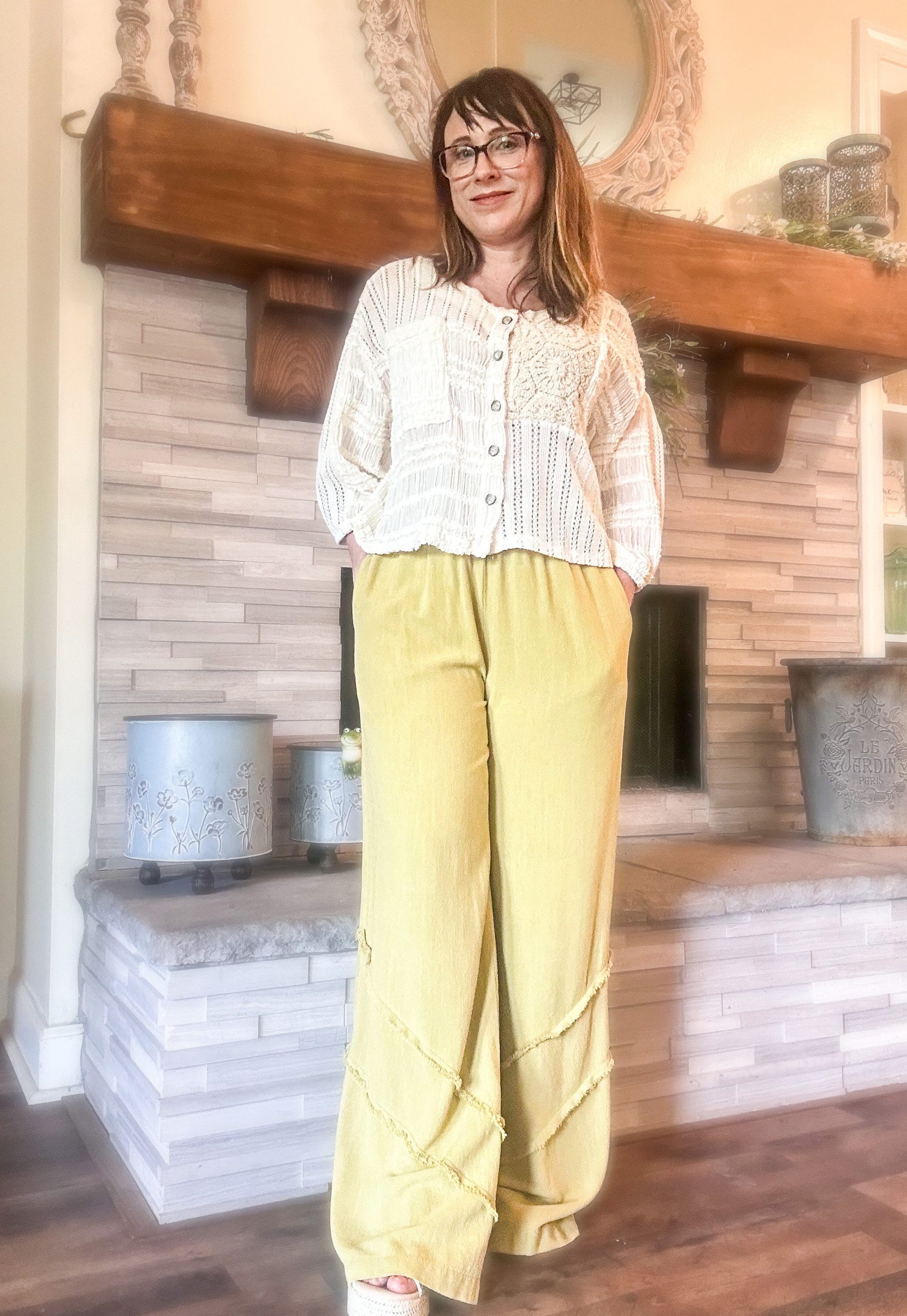 Crepe Ruffle Trim Palazzo Pants -Green Tea image 3