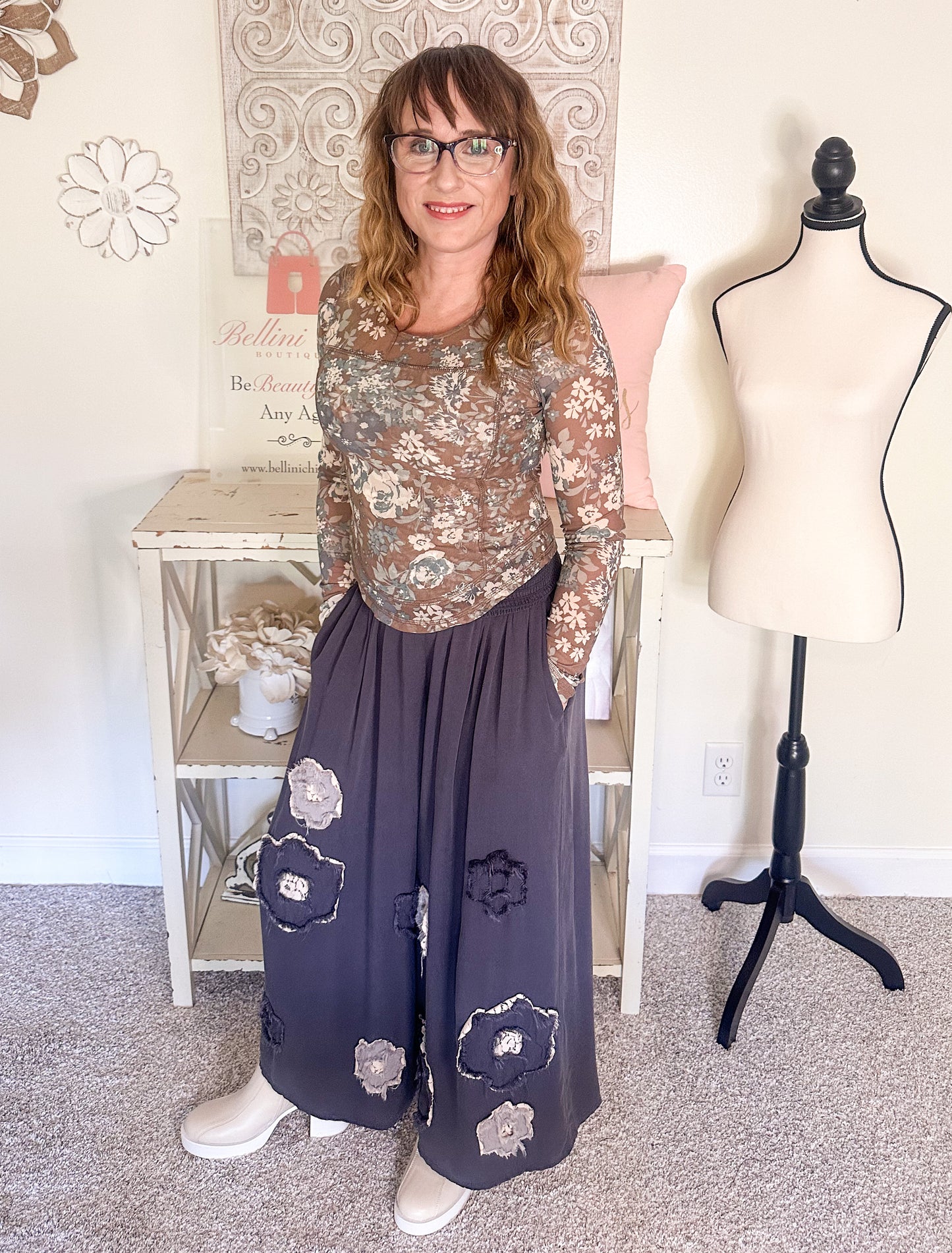 Garment Washed Floral Patch Wide Pants - Charcoal image 1