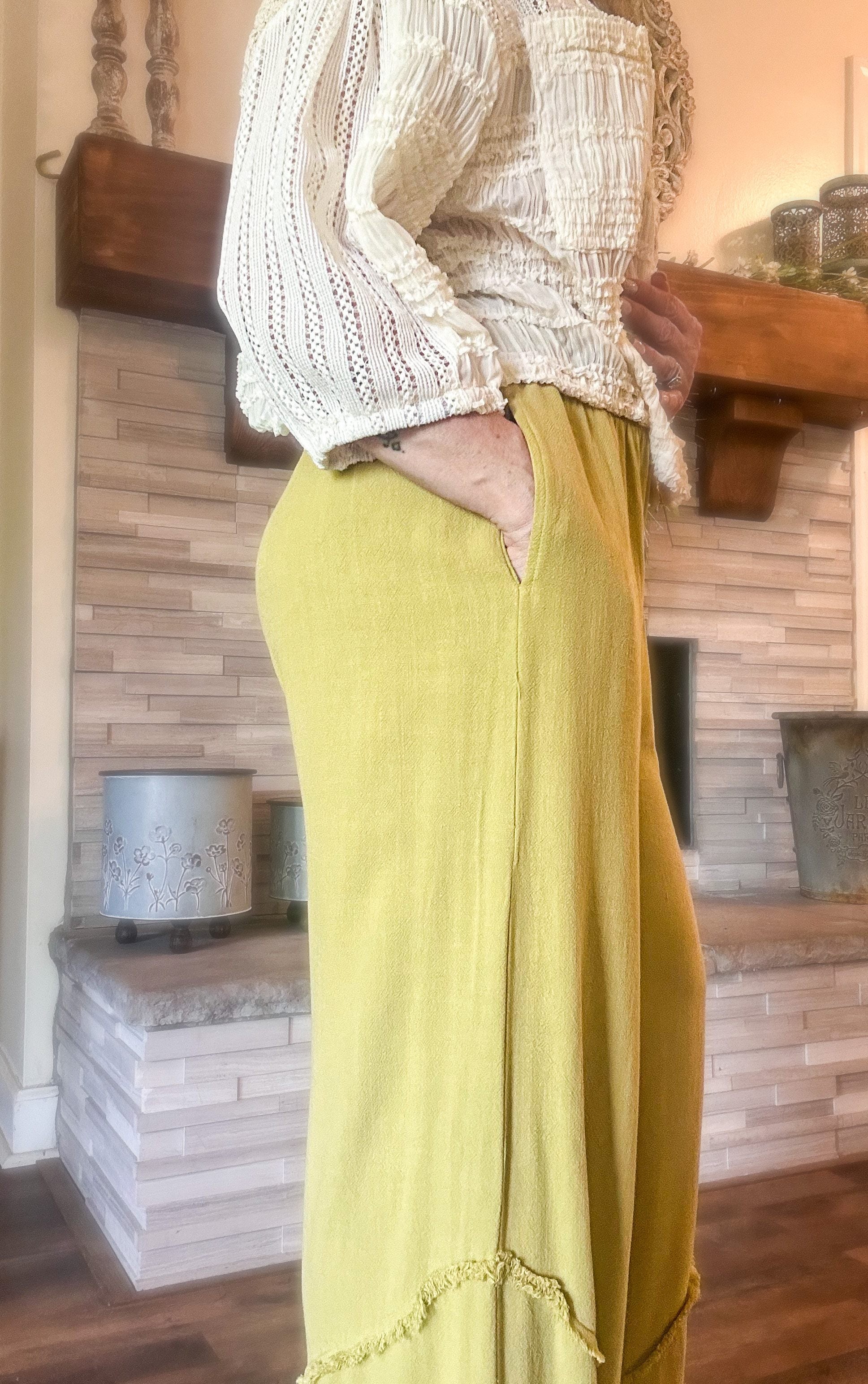 Crepe Ruffle Trim Palazzo Pants -Green Tea image 2
