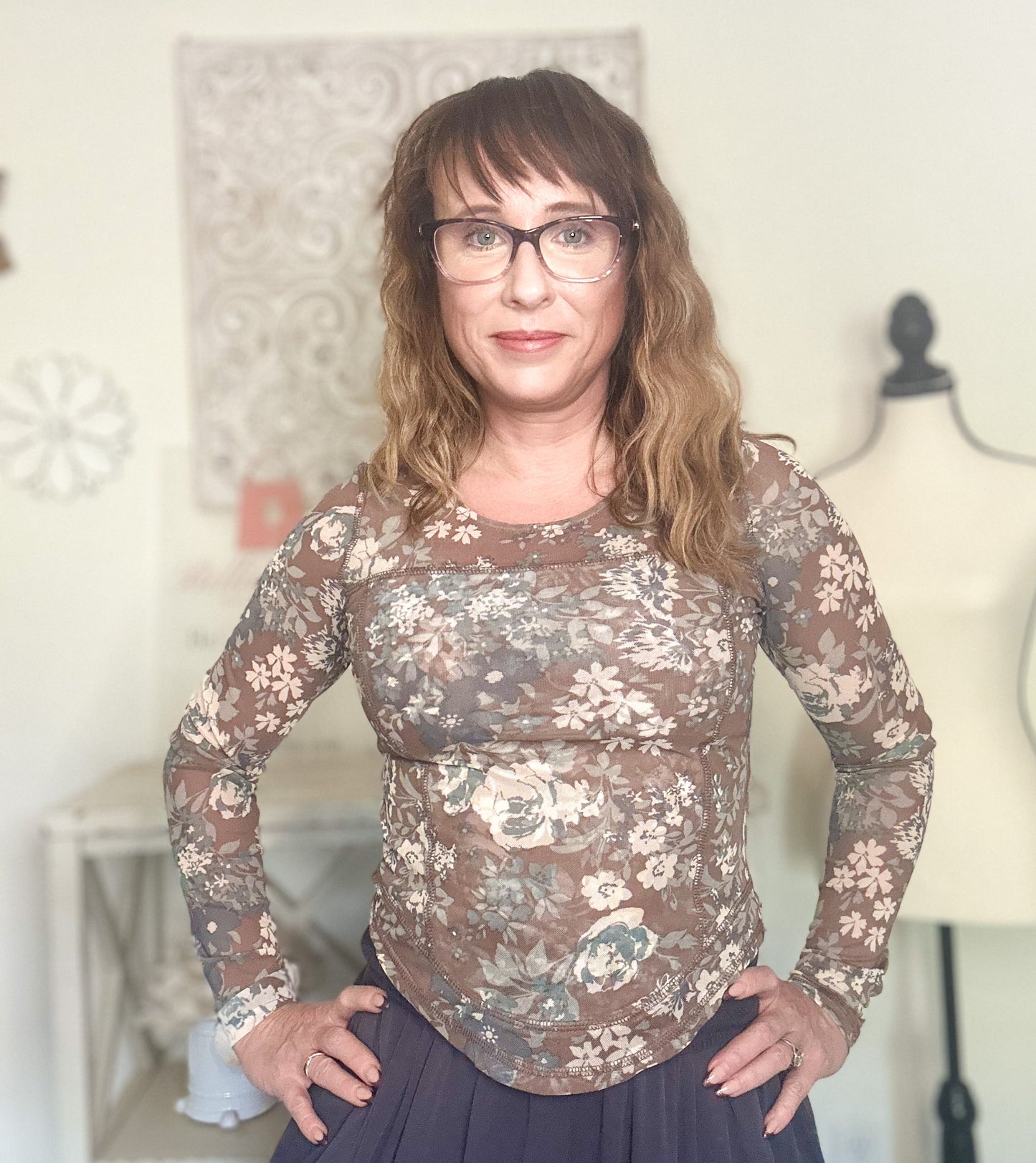 Floral Print Mesh Fitted Long Sleeve Top - Brown image 1