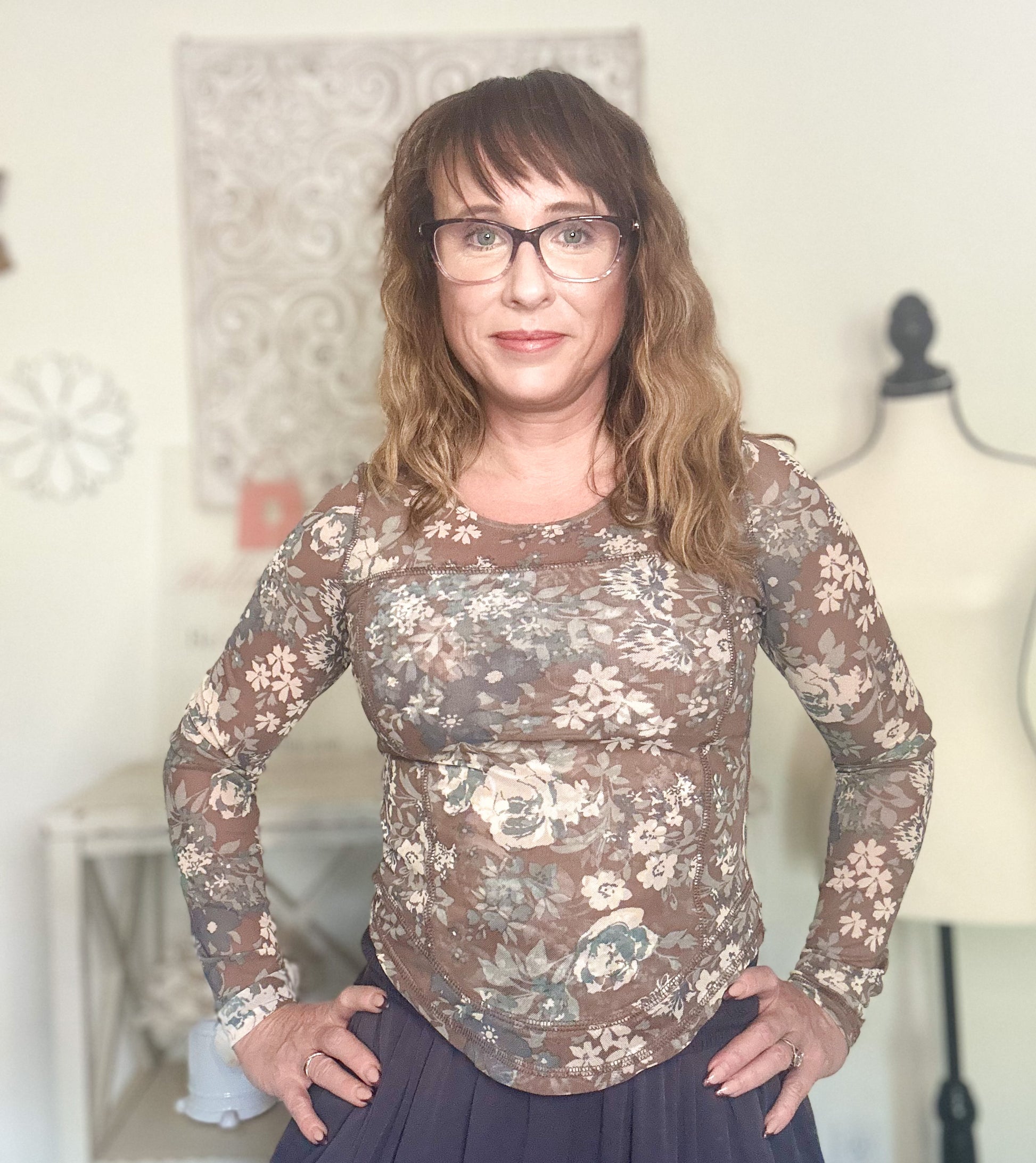 Floral Print Mesh Fitted Long Sleeve Top - Brown image 1
