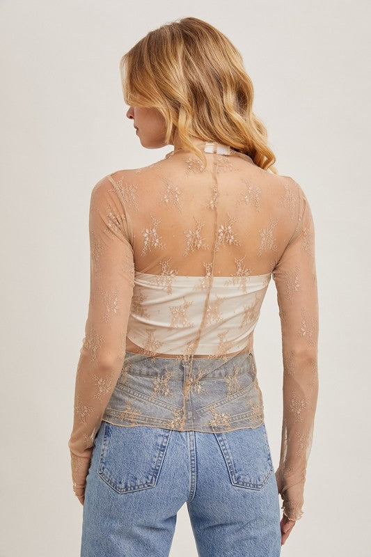 Floral Embroidery Lace Sheer Mesh Top - Nude image 5